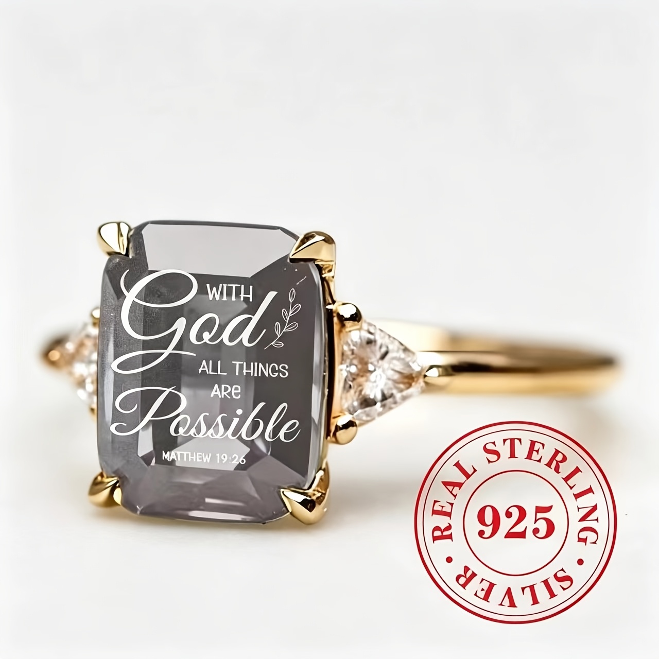 S925 Silver Rectangle Gray Crystal Engraved Bible Verse Ring